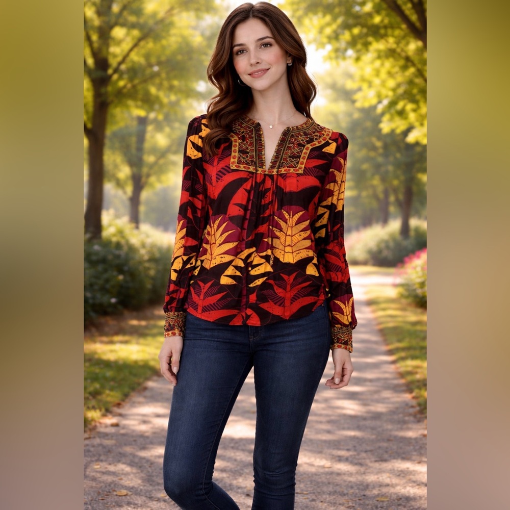 Anthropologie Nieves Lavi Top Red Black Yellow Medium M Beaded Long Sleeve Silk
